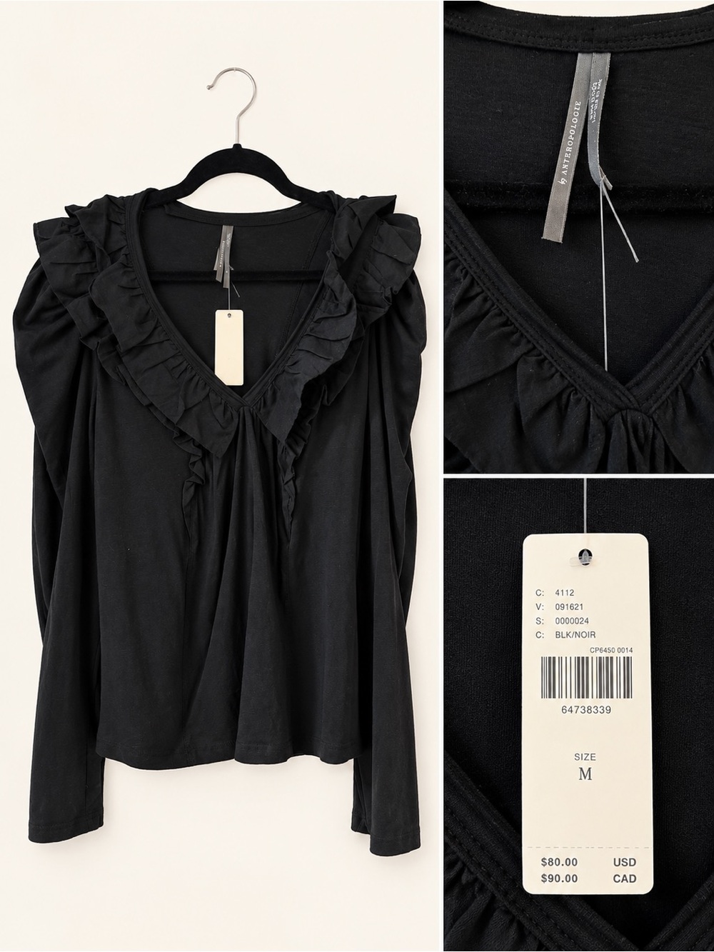 Anthropologie Black Ruffle V-Neck Long Sleeve Blouse